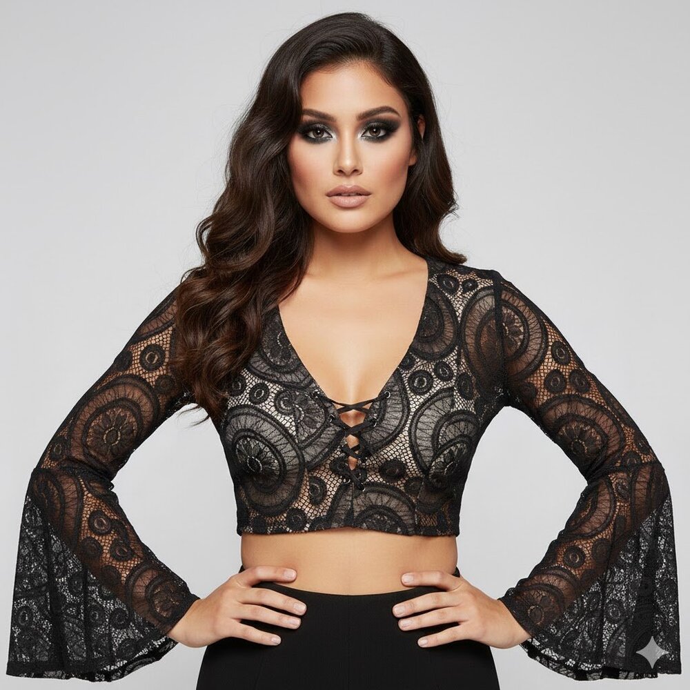 Chic Black Lace Crop Top with Long Bell Sleeves